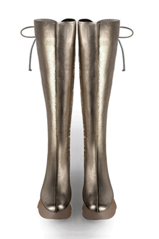 Bronze beige women's knee-high boots, with laces at the back. Round toe. Low rubber soles. Made to measure. Top view - Florence KOOIJMAN